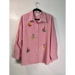 Breckenridge Button Up Shirt Woman 2X Red Stripe Nautical Lighthouse Embroidered